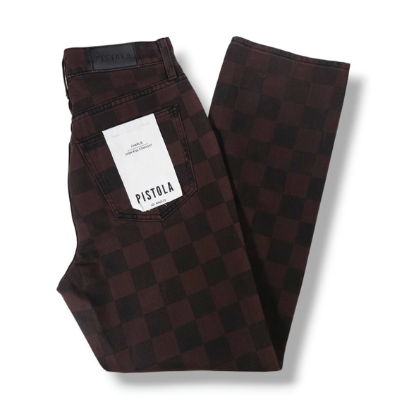 Pistola Charlie Button Fly High Rise Straight Ankle Jeans Brown Check 26x27 NWT - Picture 2 of 10